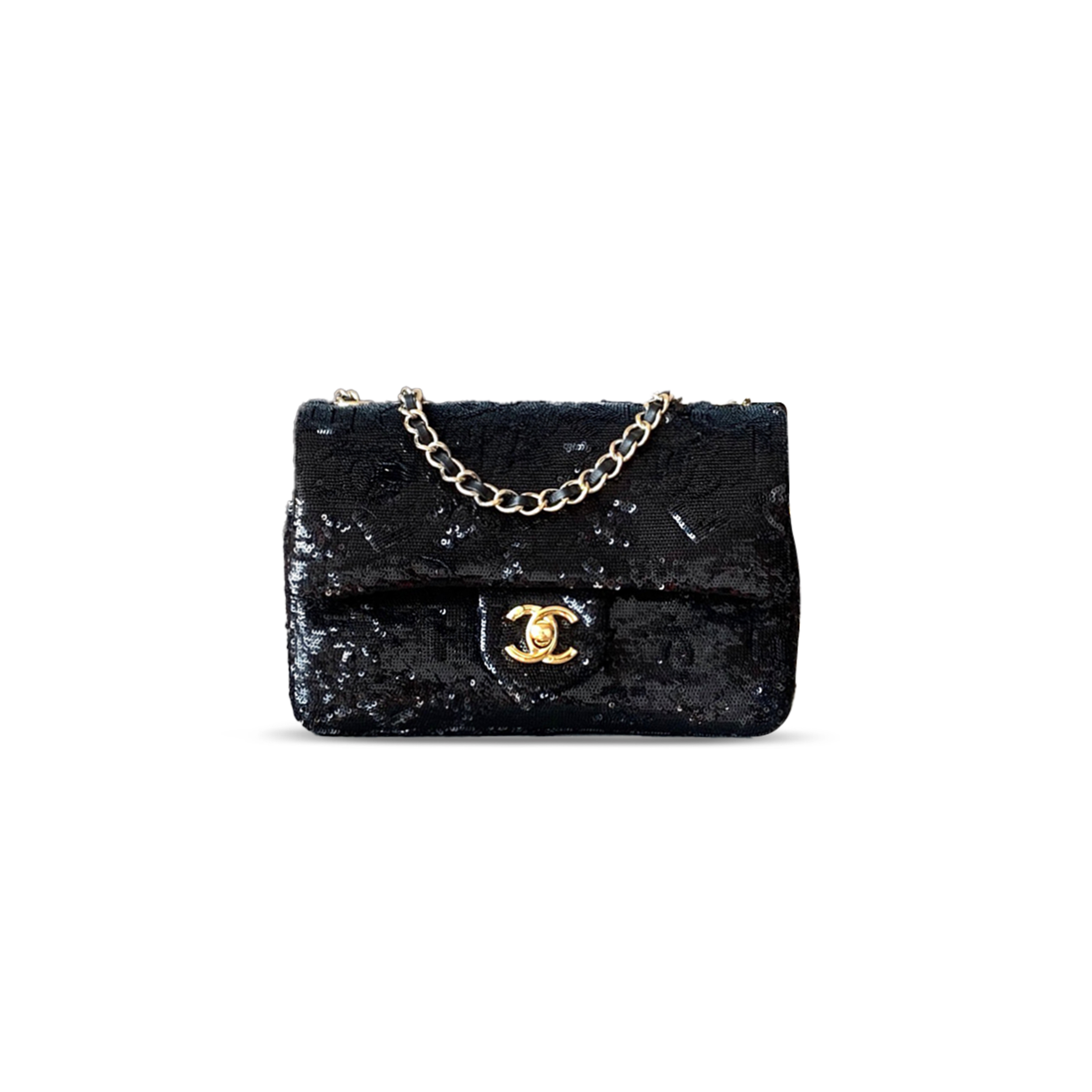 CHANEL FLAP BAG SEQUINS & GOLD METAL & BLACK AS4561 (21*14*8cm)